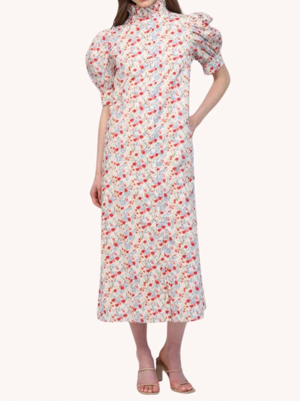 NEW FATE lara ruffle midi dress in red and blue floral print